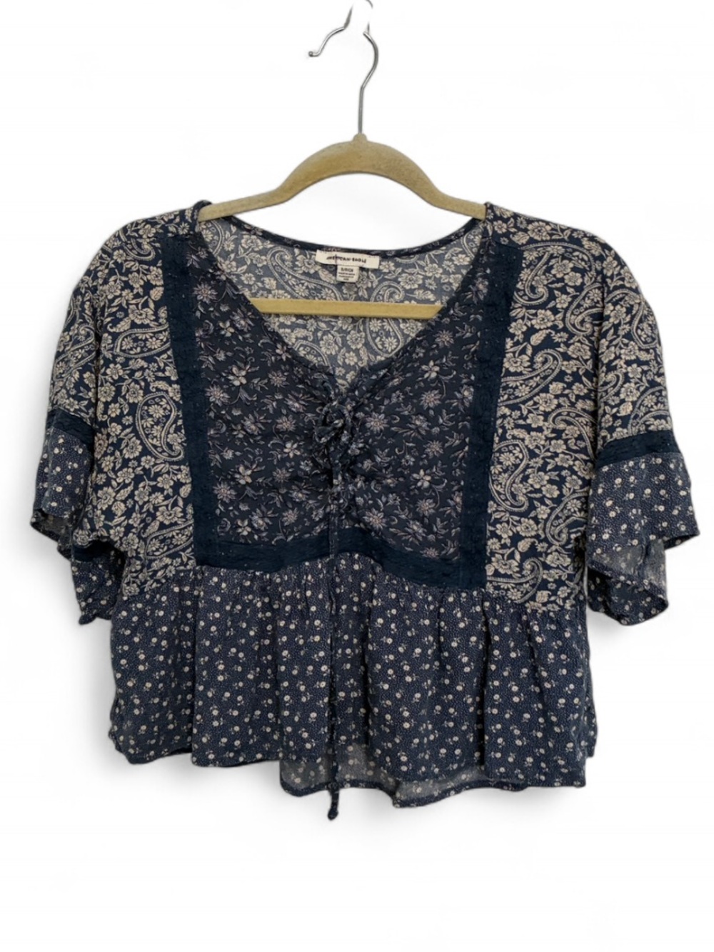 American Eagle Outfitters Navy and Cream Mixed-Print Lace-Trim Crop Top